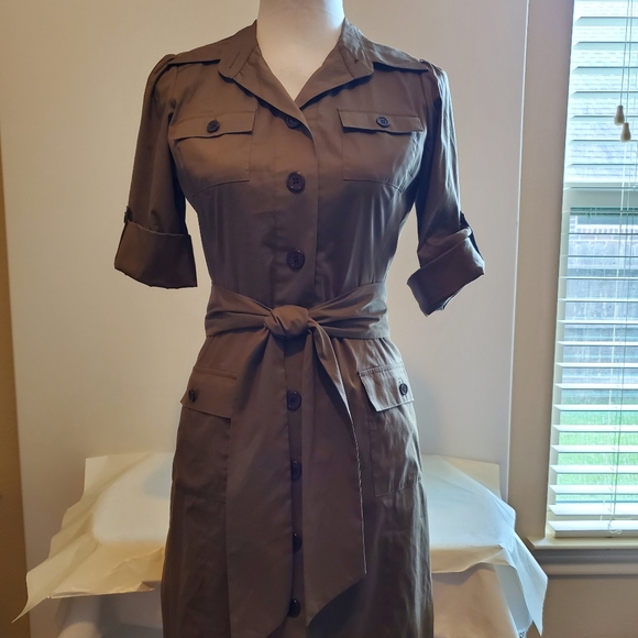 DVF Vintage Khaki Tan Safari Shirt Button Dress w Tie - Picture 1 of 10